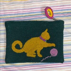 Playful Cat Design Textured Woolen Cosmetic Pouch - Green and Yellow